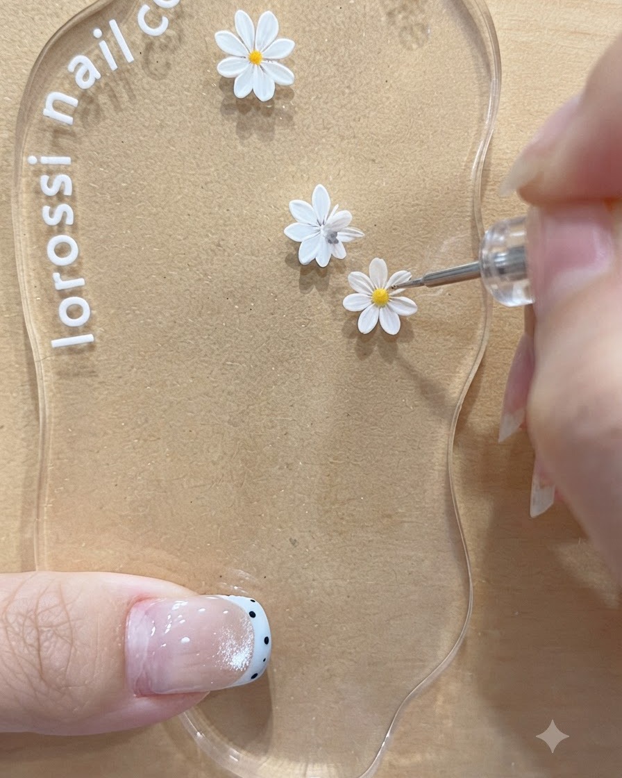 Una herramienta aplicando un punto central amarillo al segundo motivo de margarita blanca en una paleta acrílica de arte de uñas.