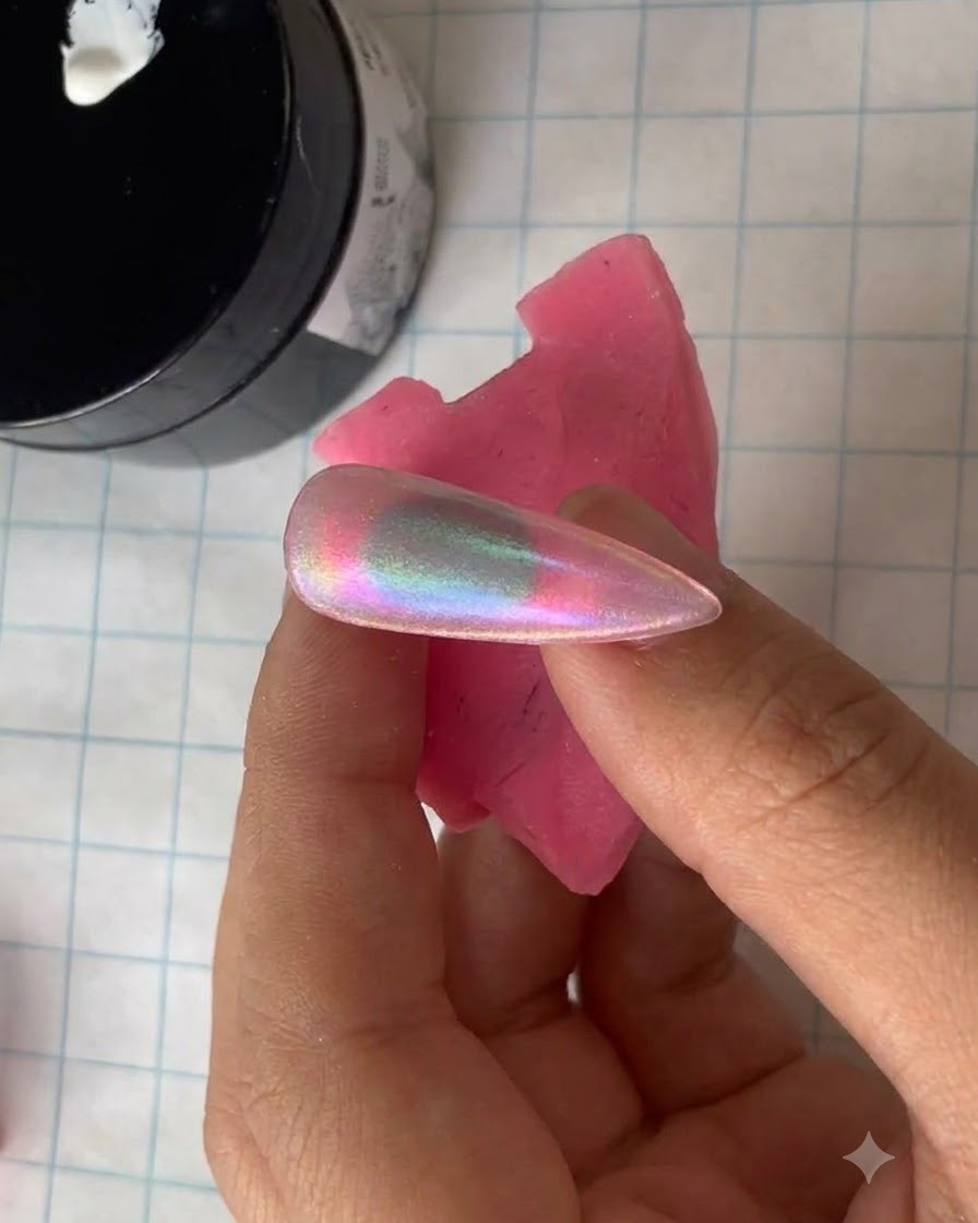 Un primer plano de un pincel fino para nail art tomando gel blanco del borde de un recipiente negro.
