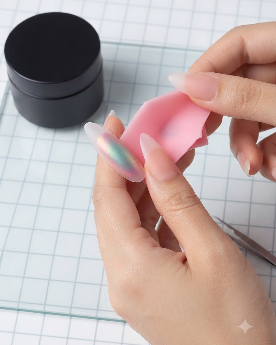 Un pincel de uñas esparciendo una capa superior mate sobre un modelo de uña con acabado aurora iridiscente.