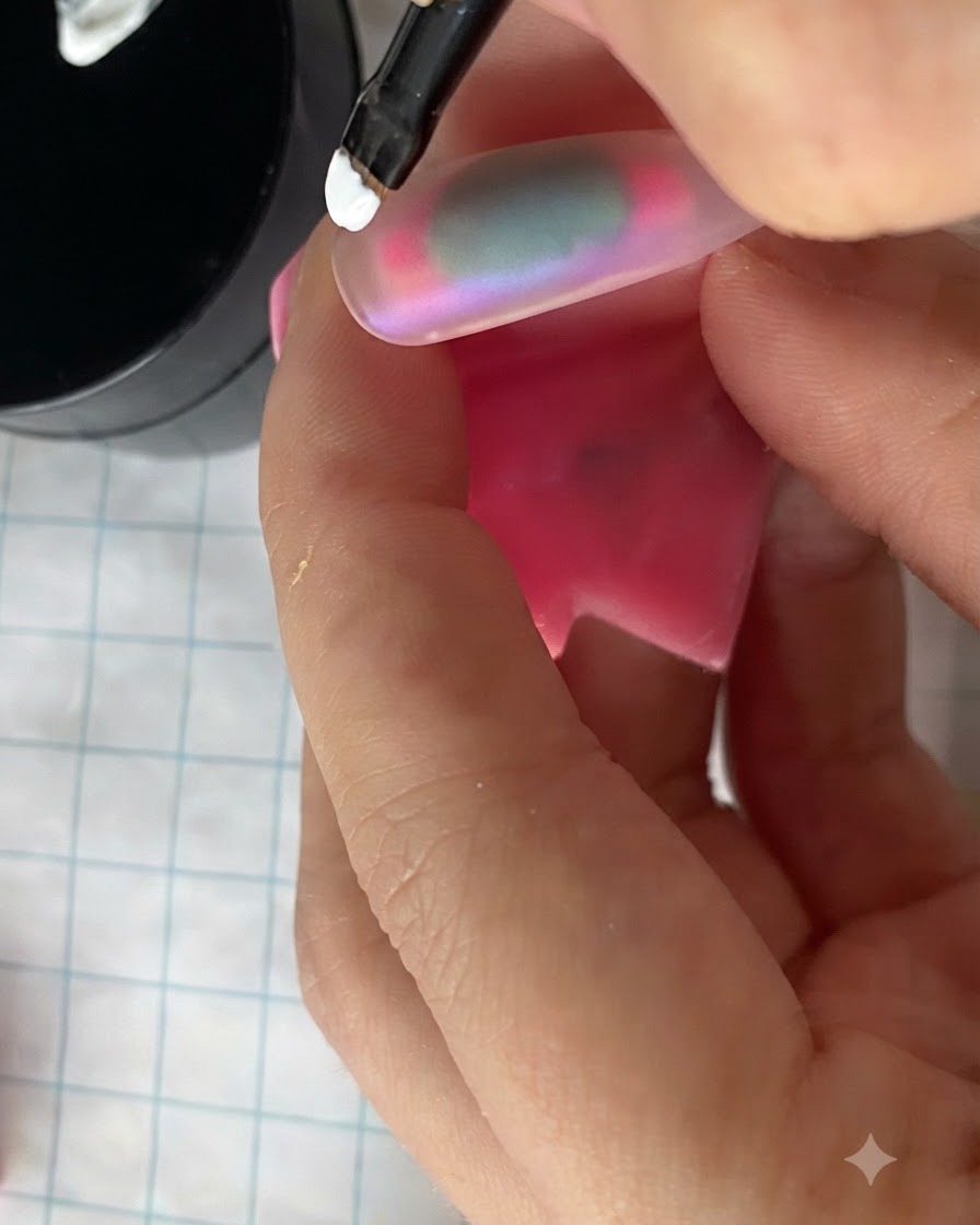 Una mano sosteniendo un soporte de uña rosa con una punta de uña recubierta posicionada dentro de una lámpara de curado.