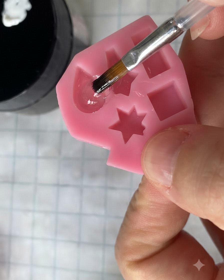 Un pincel fino sumergiéndose en un frasco para aplicar capa superior mate sobre una base moldeada.