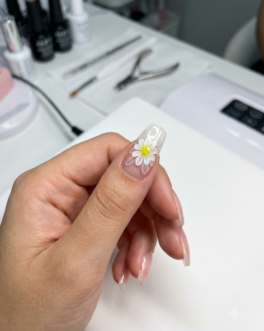 Un pincel de uñas esparciendo color rosa translúcido sobre el diseño de uñas de margarita de doble capa.