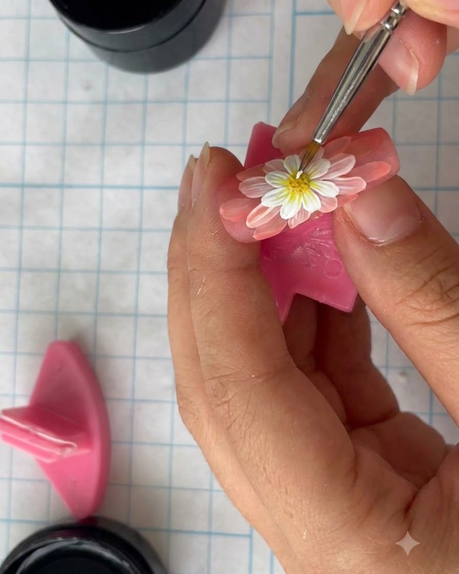 Una mano sosteniendo una uña pintada cerca de una lámpara de curado para fijar el gel.