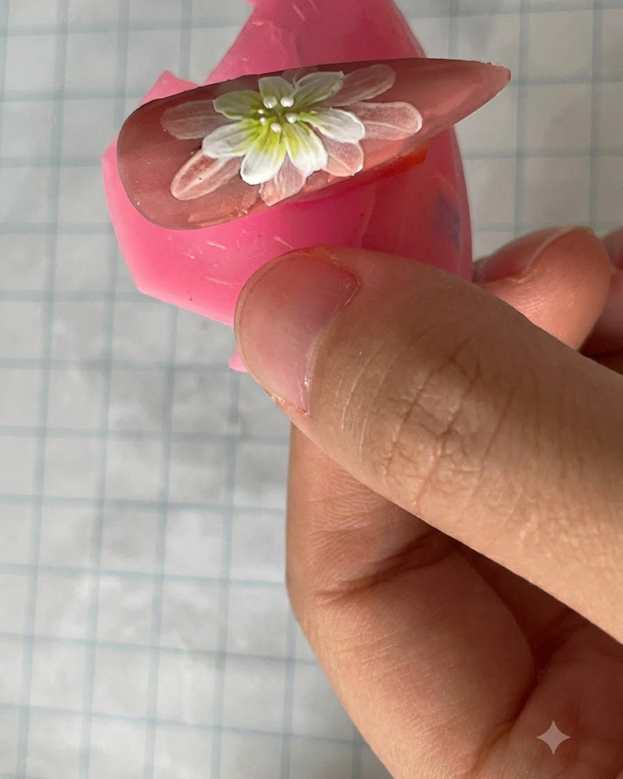 Un pincel aplicando una capa superior mate sobre el diseño final de uñas de margarita de doble capa.
