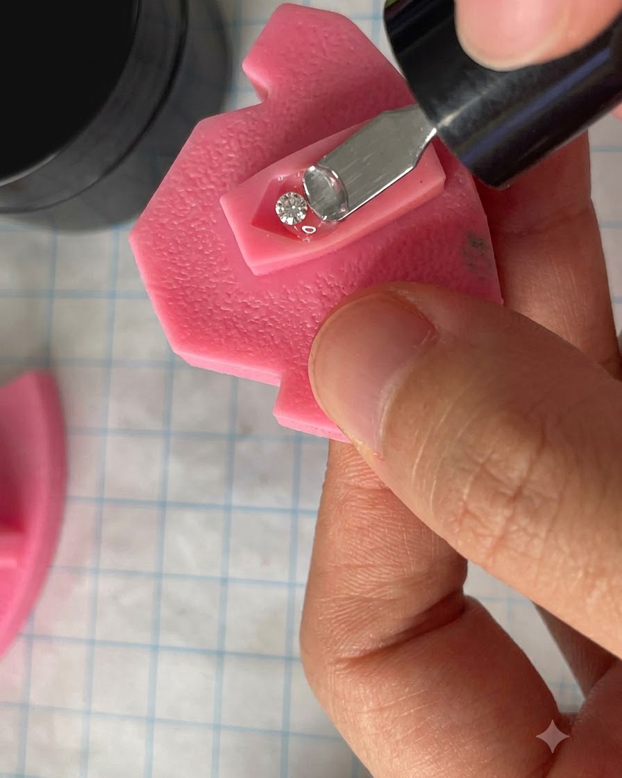 Una mano colocando un modelo de uña rosa bajo una lámpara UV para curar.