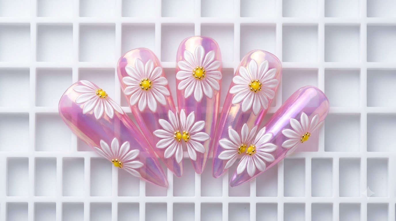Una muestra de cinco uñas postizas estilo stiletto que exhiben un diseño de margaritas en doble capa con elementos aurora, cromados y degradados en rosa.
