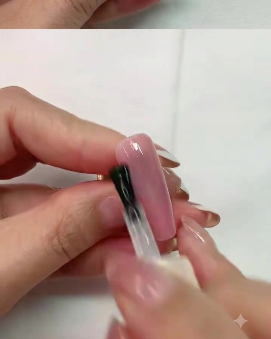 Una aplicación de curado con pincel de uñas en una uña rosa bajo una lámpara UV profesional.