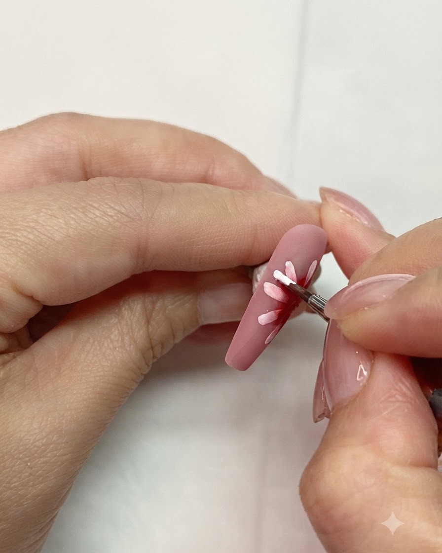 Una mano usando un pincel delineador fino para pintar un pétalo blanco que se superpone al centro rojo difuminado en una uña.