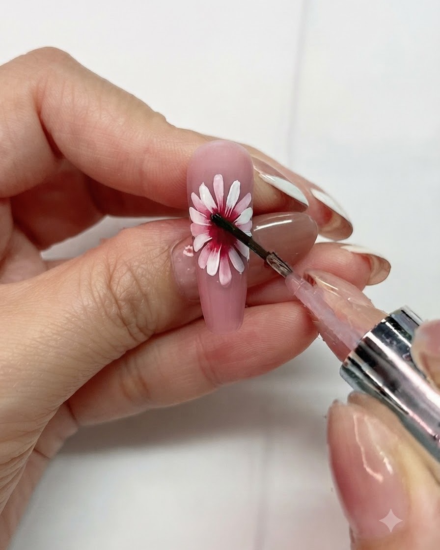 Una toma detallada de un pincel aplicando líquido blooming en el centro del diseño de la flor de margarita.