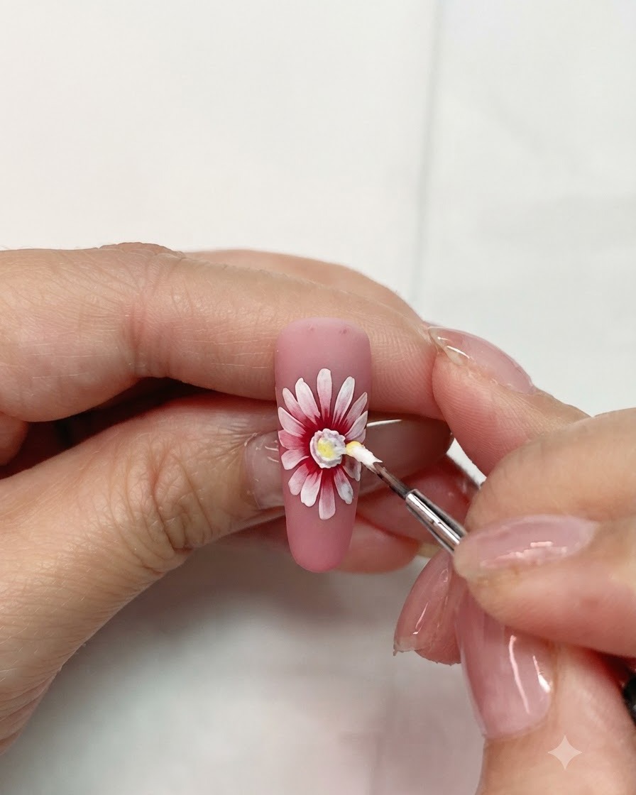 Un pequeño pincel de detalle aplicando gel amarillo en el centro de un arte de uñas de margarita en capas rosa y blanca.