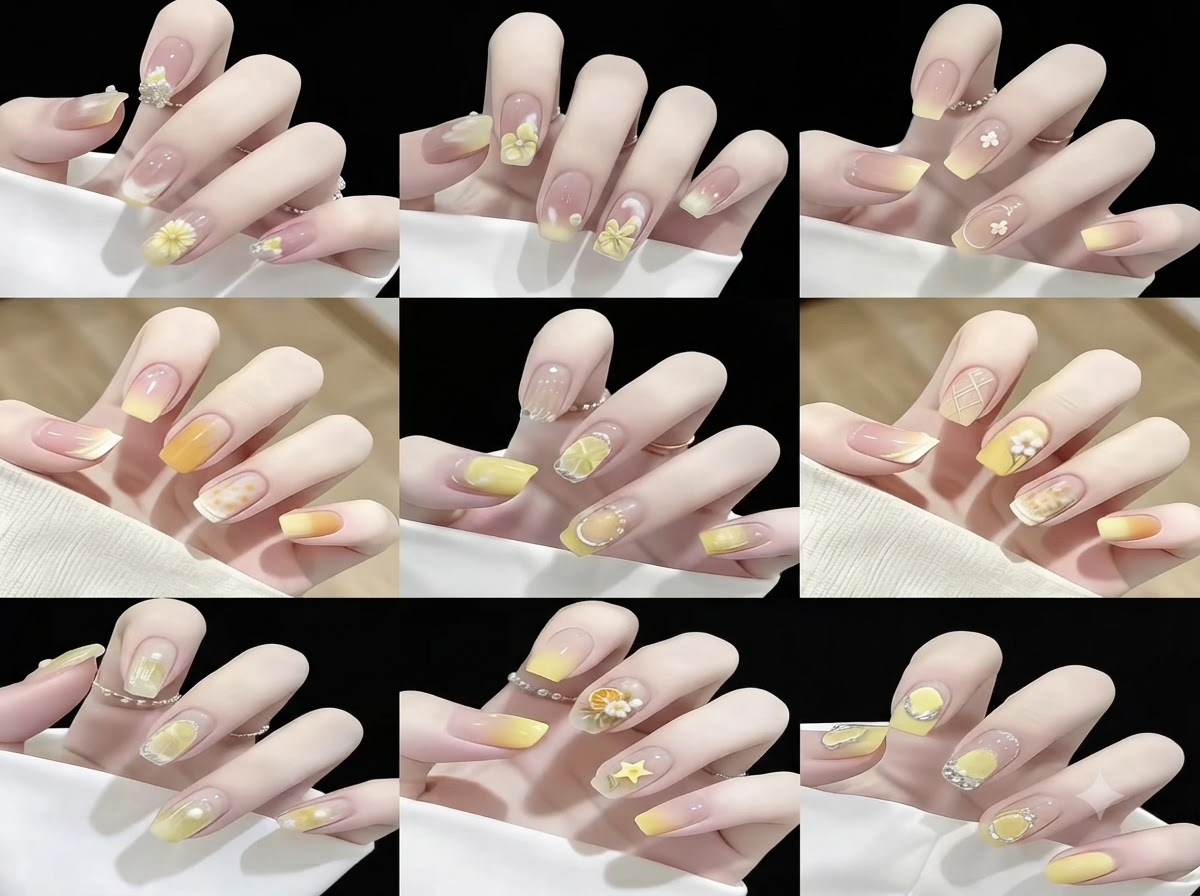 Una cuadrícula que muestra nueve estilos diferentes de diseños de arte de uñas florales y en degradé amarillo en puntas de uñas postizas.