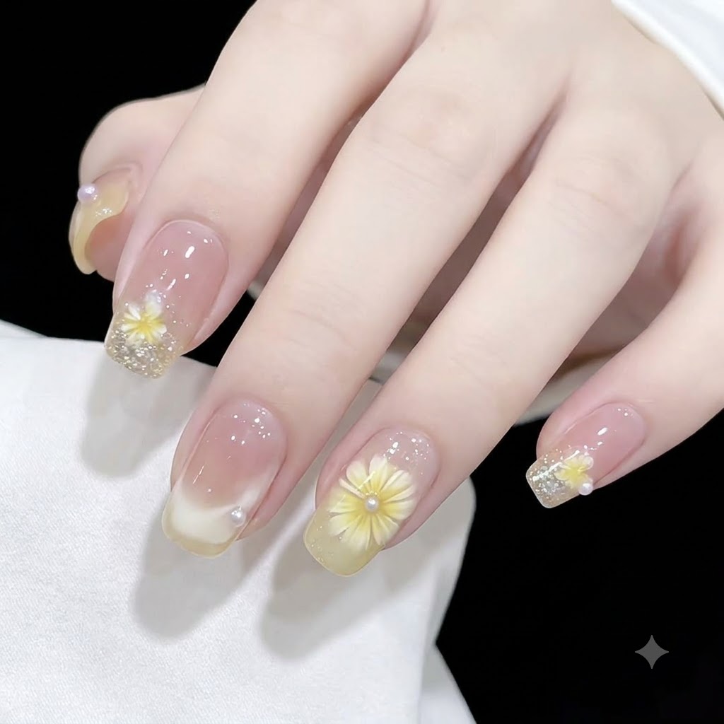 Vista de cerca de una mano que muestra uñas con base de jalea transparente decoradas con flores de margarita amarillas en 3D y perlas de acento.