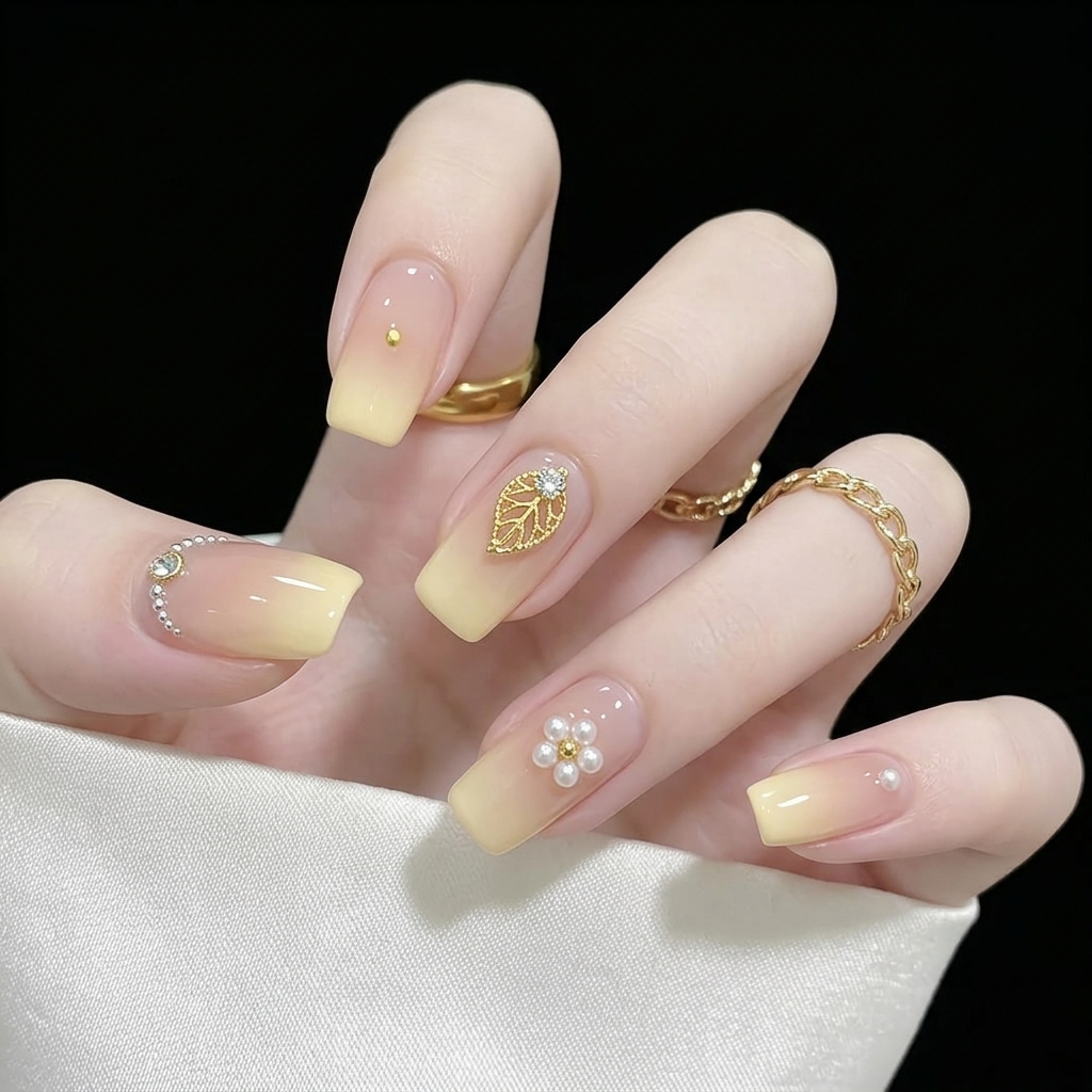 Toma detallada de uñas ombre en degradé amarillo suave adornadas con delicados detalles de margaritas blancas y polvo de purpurina fina.