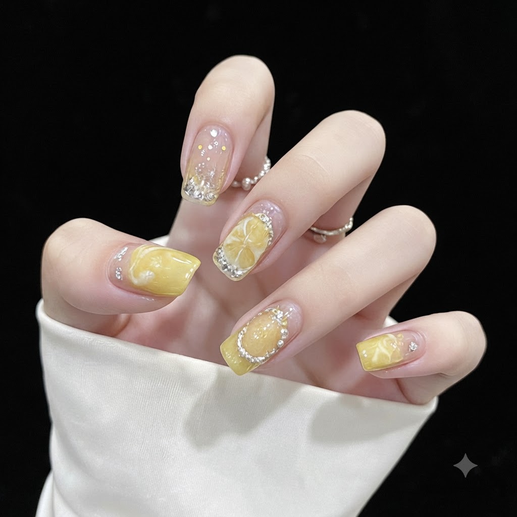 Vista de cerca de uñas de color sólido amarillo brillante acentuadas con enmarque de pedrería plateada y polvo de purpurina brillante.