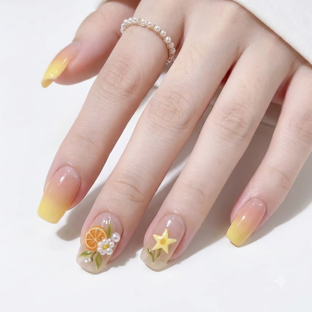 Un primer plano de una mano con uñas de forma cuadrada con bases de jalea amarilla translúcida decoradas con un dije de rodaja de naranja en 3D y adornos de flores blancas.