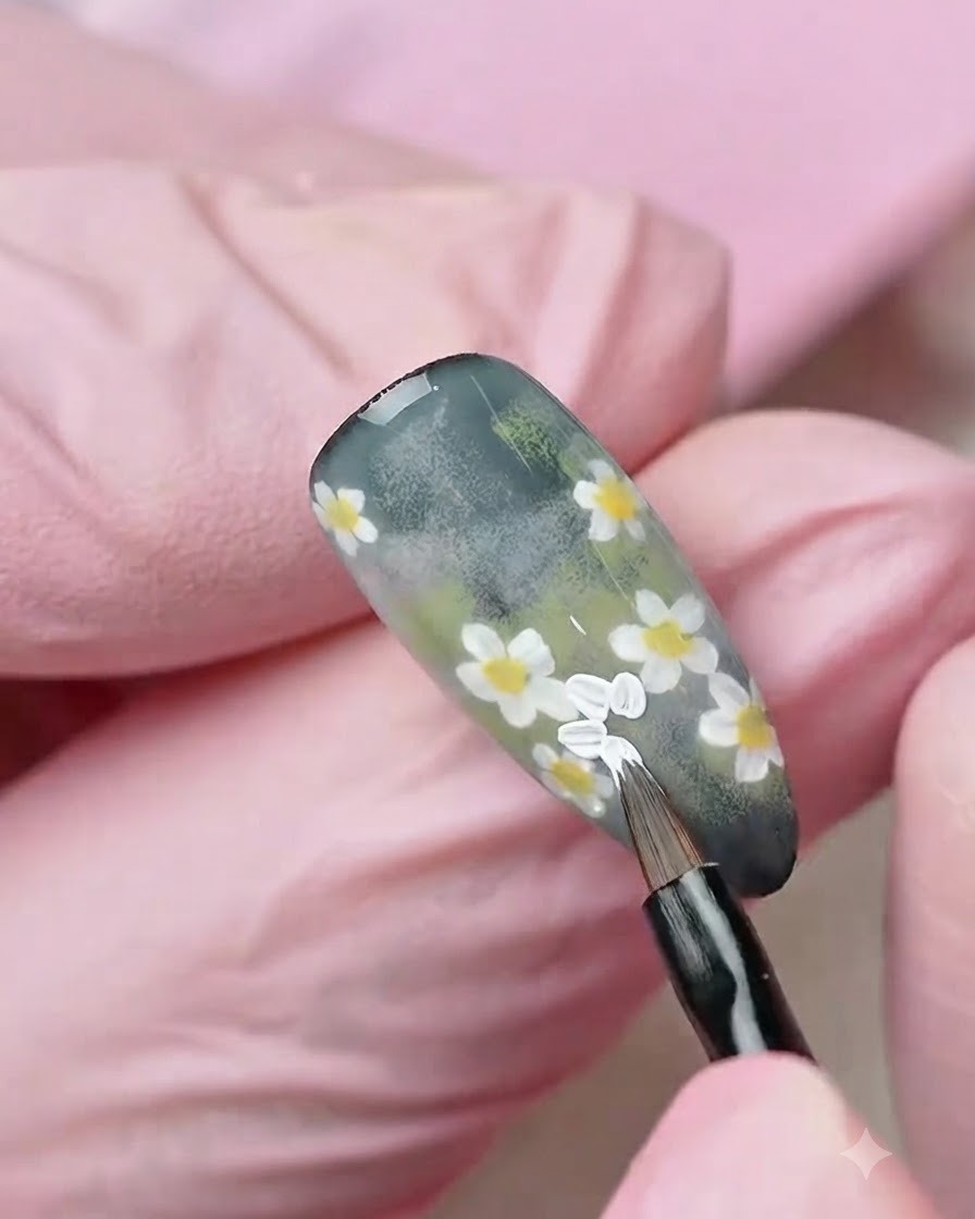 Un plano detalle de una mano con guantes usando un pincel delineador fino para pintar pétalos de flores blancas sobre una superficie de uña verde texturizada.
