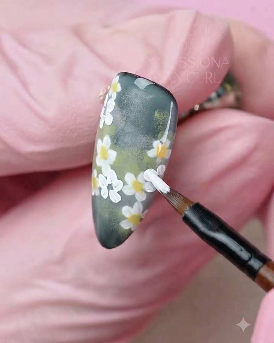 Un pincel de detalle aplicando cuidadosamente puntos de amarillo brillante en el centro de las flores de margarita blancas pintadas en una uña.