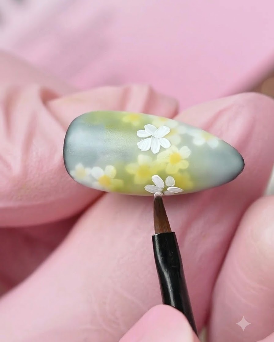 Un pincel delineador fino añadiendo detalles finales de pétalos blancos a una flor de margarita en una uña de múltiples tonos.