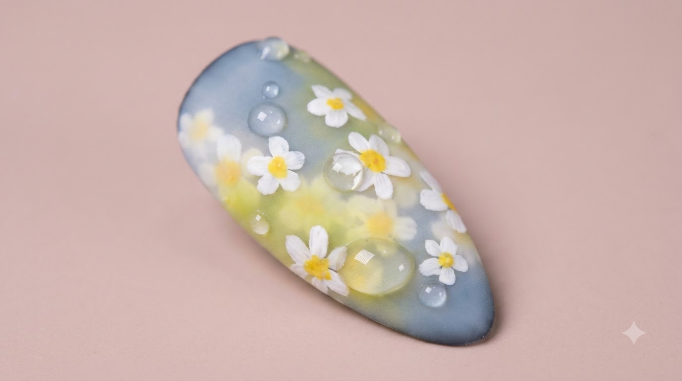 Plano detalle macro de una uña con forma de almendra que presenta un fondo de suave degradado con margaritas blancas pintadas y gotas de agua 3D bajo un acabado mate.