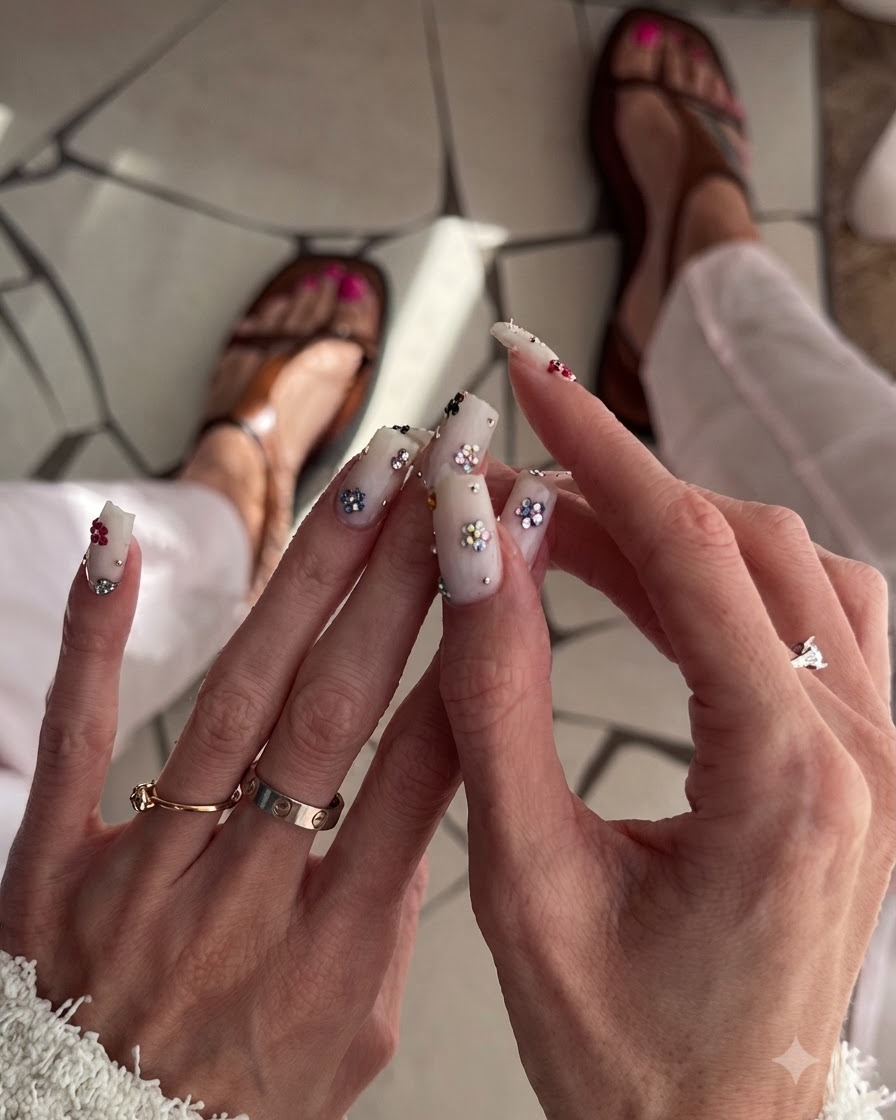 Vista de cerca de uñas cuadradas blanco lechoso decoradas con dijes florales coloridos sobre un fondo neutral.