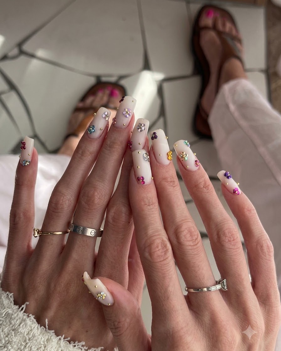 Toma de cerca de los dedos de la mano derecha mostrando detalles de nail art floral multicolor y anillos plateados apilados.