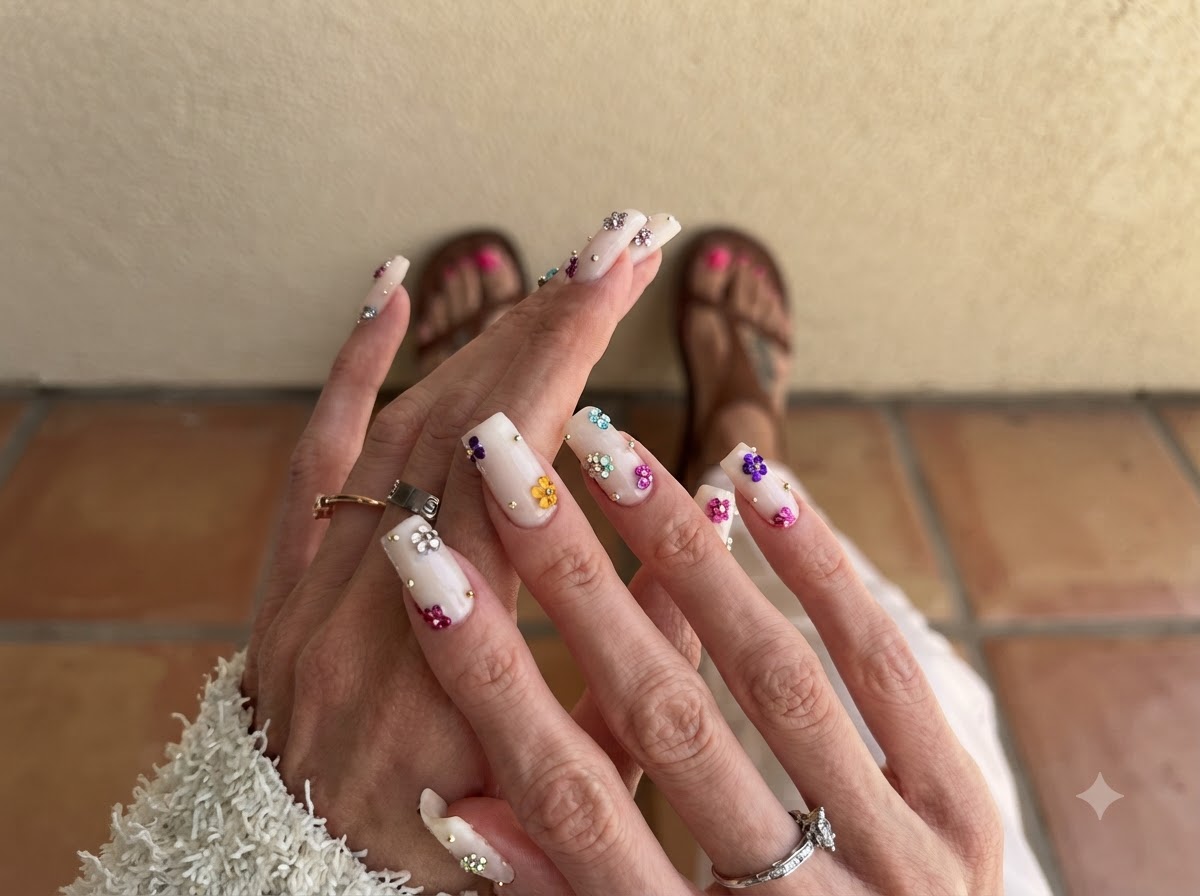 Ambas manos juntas mostrando un conjunto juego de uñas blanco lechoso con gemas florales dispersas.
