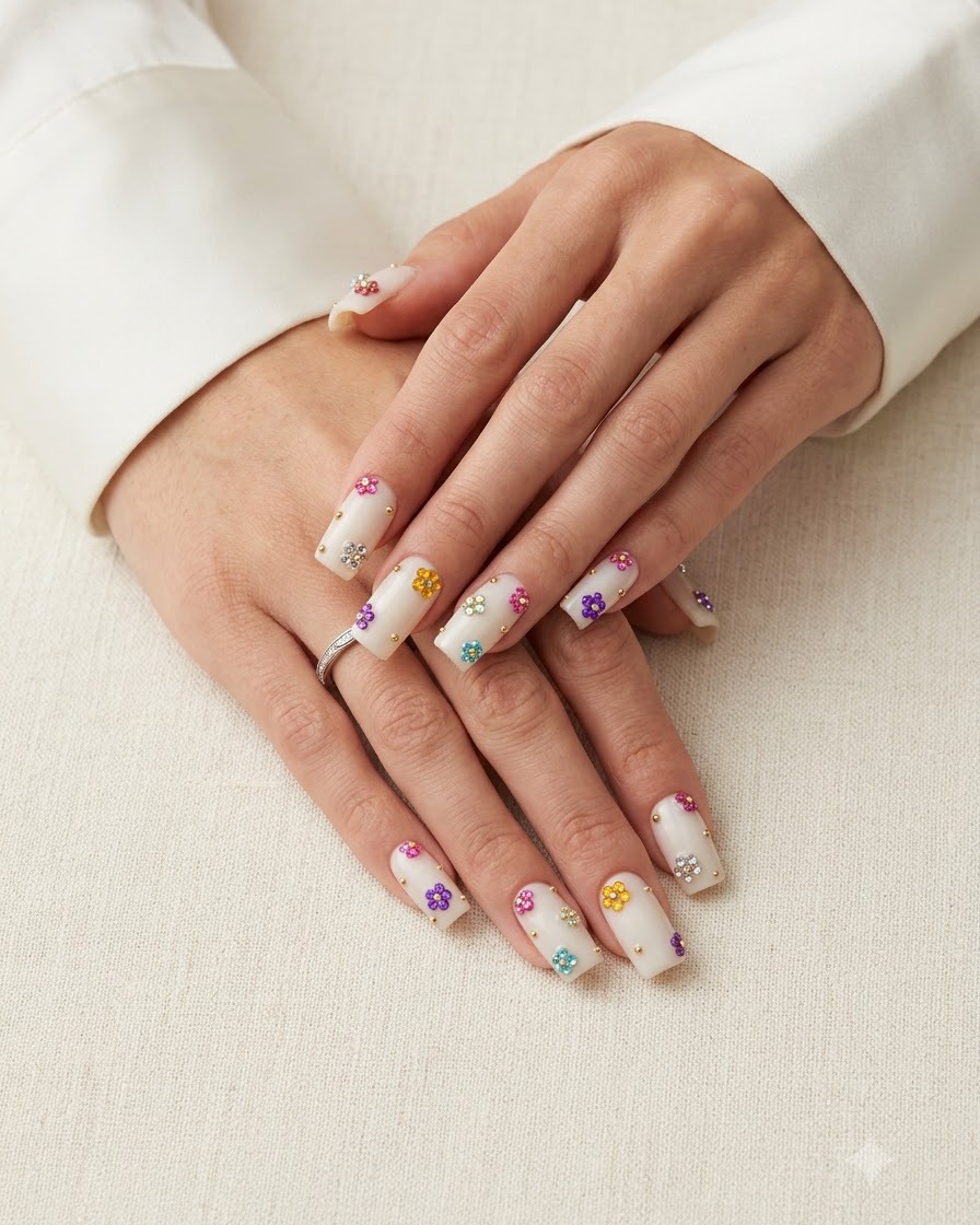 Dedos ligeramente rotados bajo luz brillante de estudio mostrando las facetas brillantes de la pedrería de las uñas.