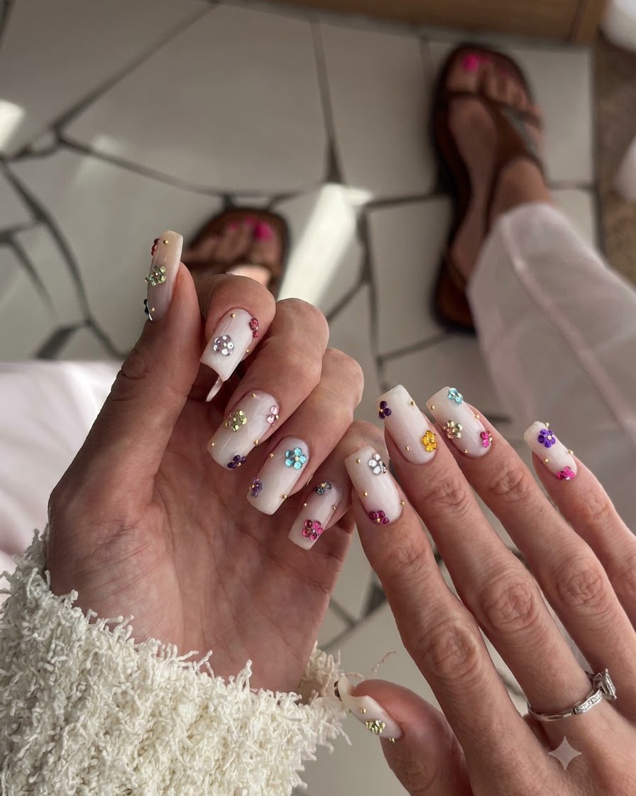 Una vista de cerca de una mano derecha que muestra uñas cuadradas de base nude brillante decoradas con flores de cristales coloridos y diminutas cuentas doradas.