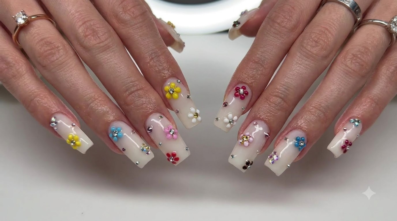 Uñas postizas blanco lechoso con margaritas tridimensionales multicolor y pedrería — Guía paso a paso