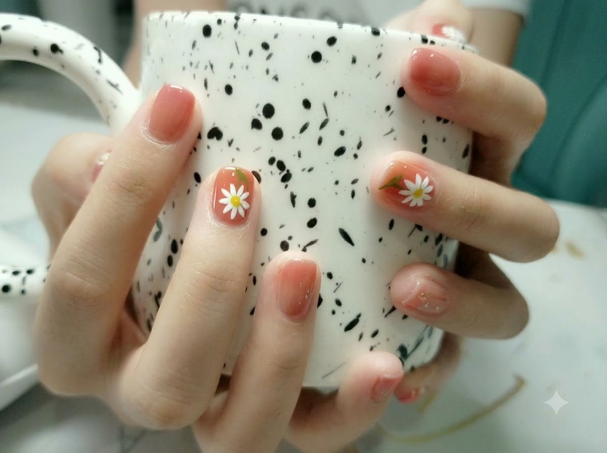 Primer plano de manos sosteniendo una taza de cerámica, resaltando la suave base degradada bicolor en las uñas.