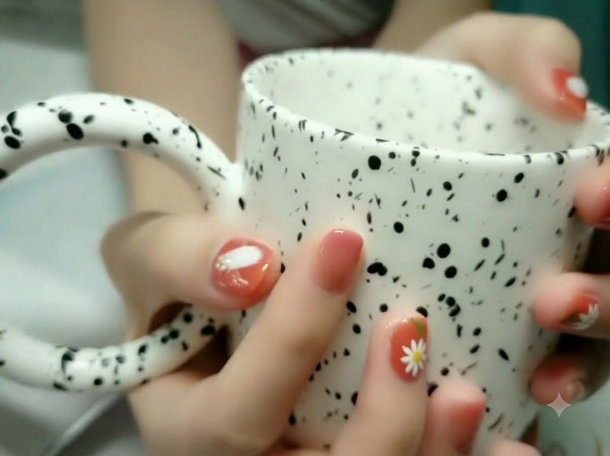 Primer plano de los dedos de la mano izquierda que muestra el suave difuminado degradado y las partículas de brillo incrustadas.