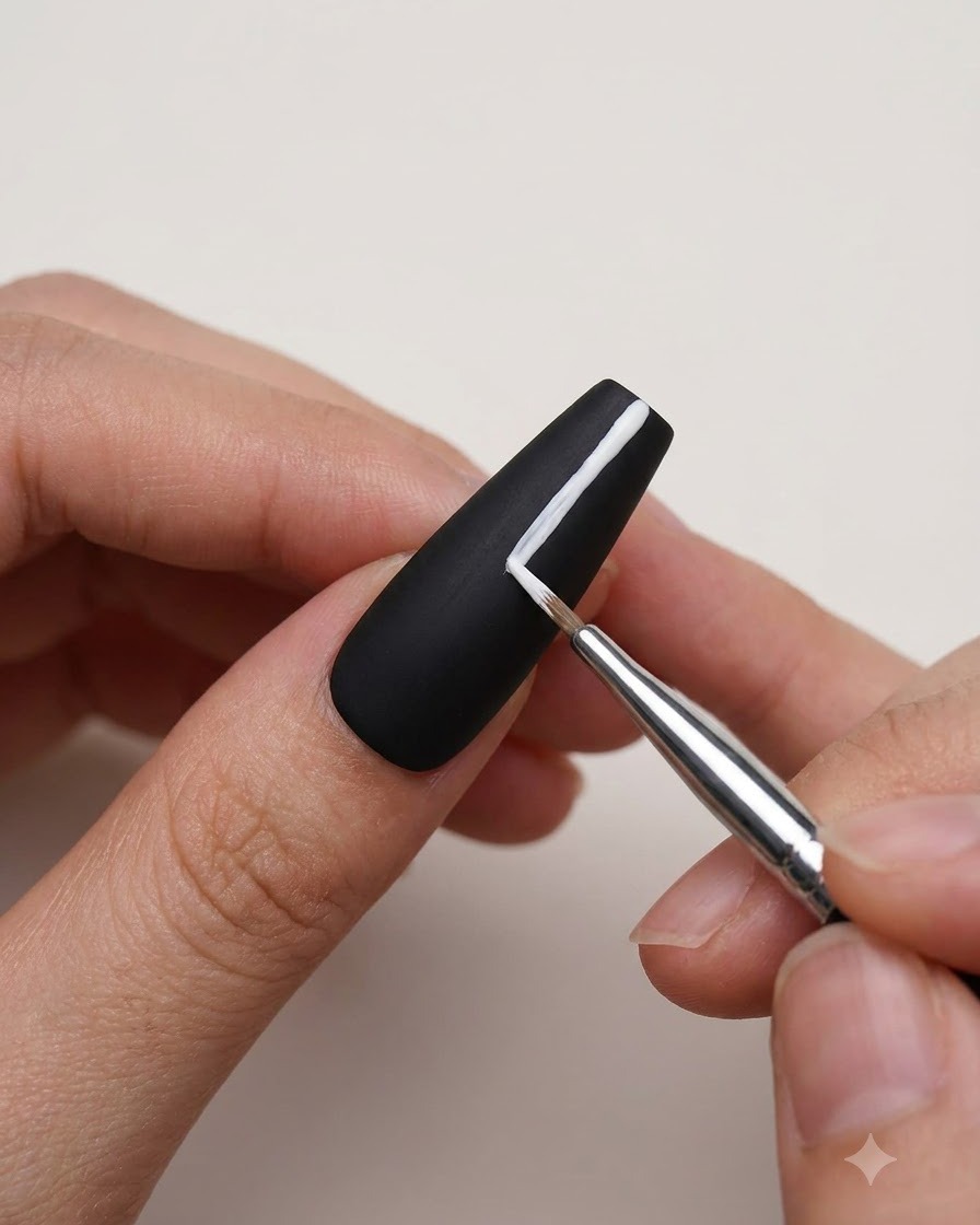 Un pincel de detalle fino aplicando gel blanco para crear líneas rectas sobre una uña negra mate.