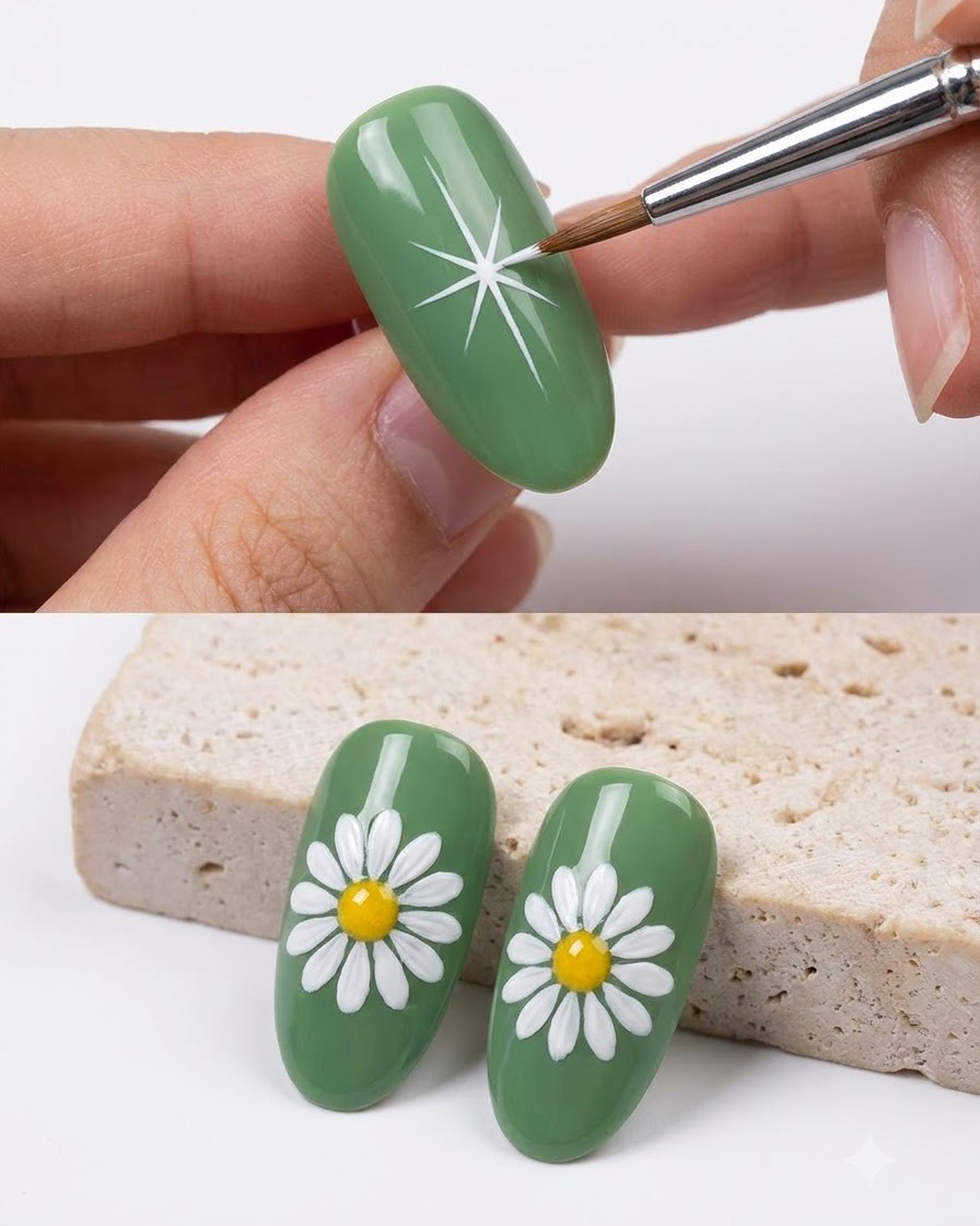 Un pincel de uñas añadiendo pétalos blancos adicionales superpuestos para mejorar la plenitud de una margarita pintada.