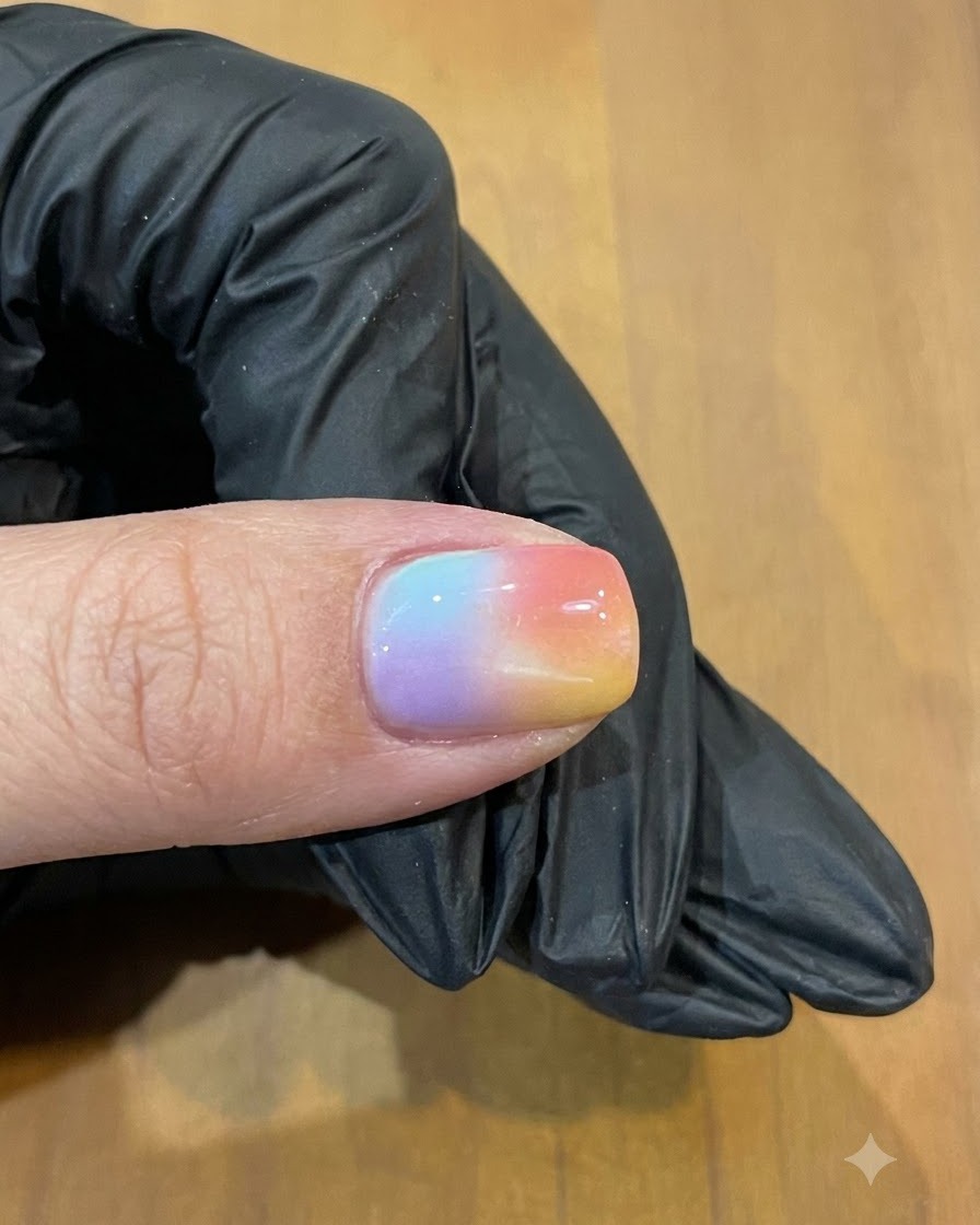Un bloque de esponja blanca presionando verticalmente hacia abajo sobre una uña cubierta con puntos de colores de gel pastel.