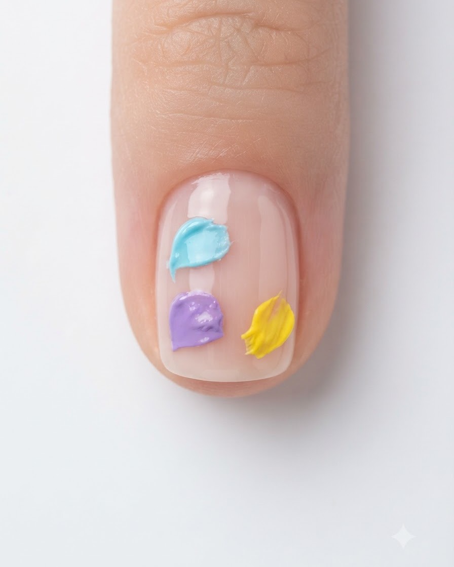 Un primer plano de una uña natural con cuatro puntos distintos de gel azul, morado, amarillo y rosa dispuestos en la superficie.