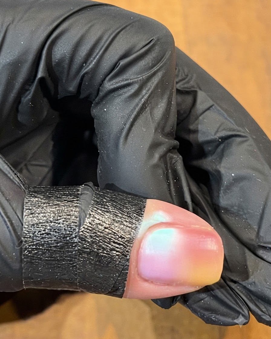 Una toma de cerca inspeccionando una uña con un acabado de degradado pastel multicolor suave.