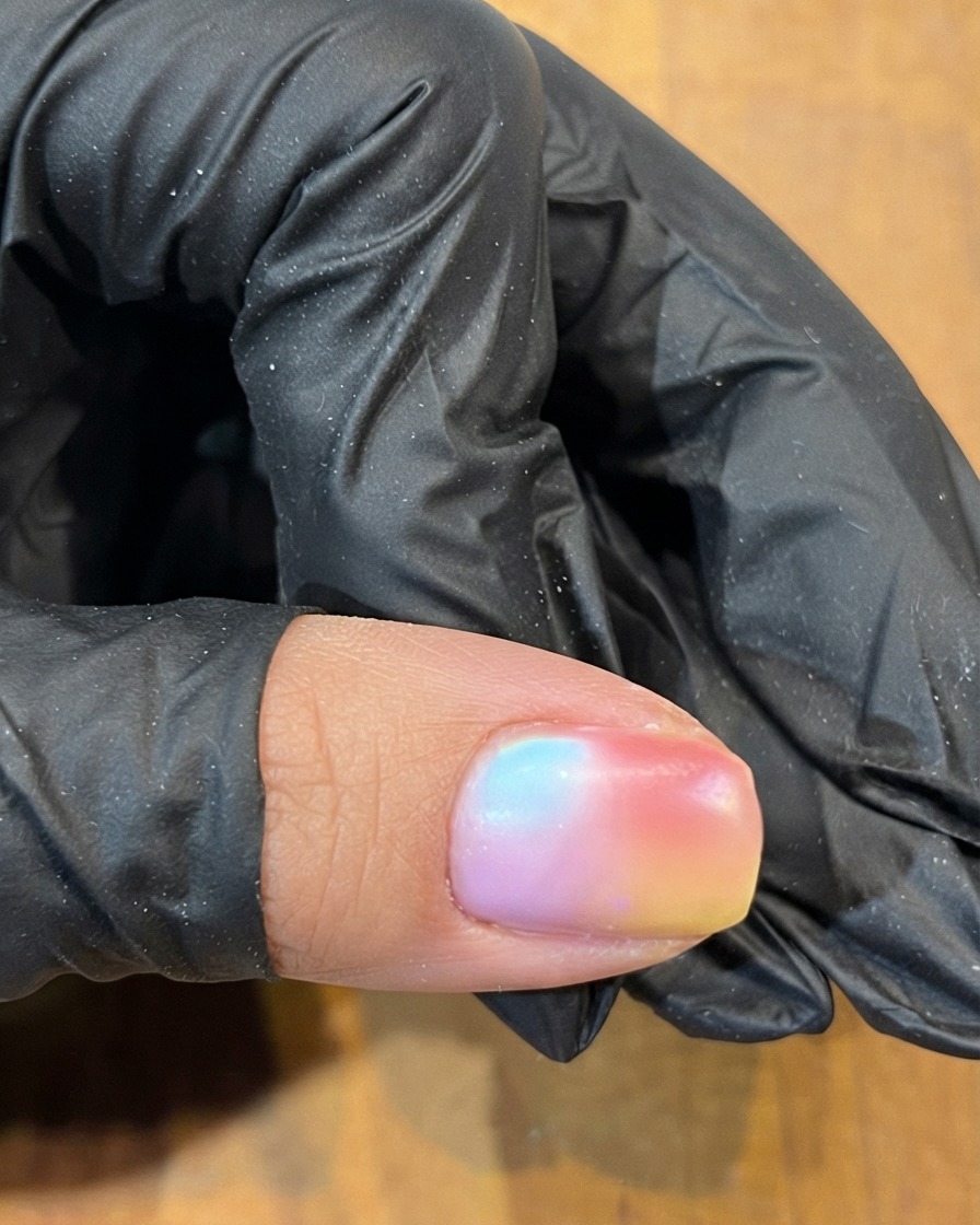 Un primer plano de una esponja de maquillaje blanca que muestra pigmentos cosméticos de colores en su superficie.