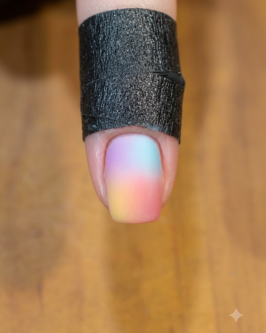 Una uña con un diseño de degradado multicolor posicionada dentro de una lámpara de uñas UV LED.