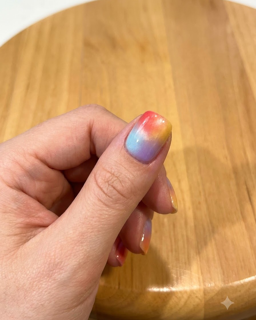 Un pincel de uñas aplicando una capa superior brillante de ojo de gato sobre un fondo de uña degradado y colorido.