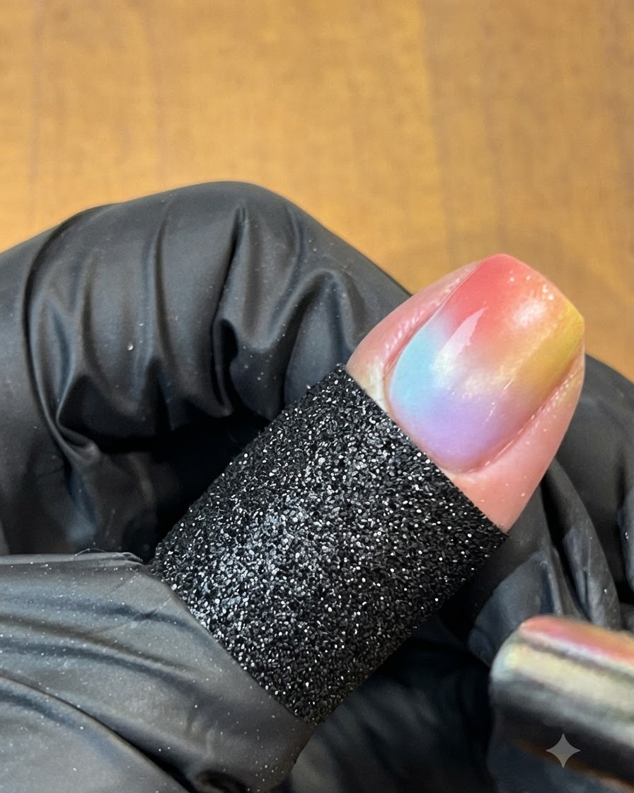 Una varita magnética negra sostenida de cerca sobre una uña degradada multicolor para mover las partículas magnéticas del ojo de gato.