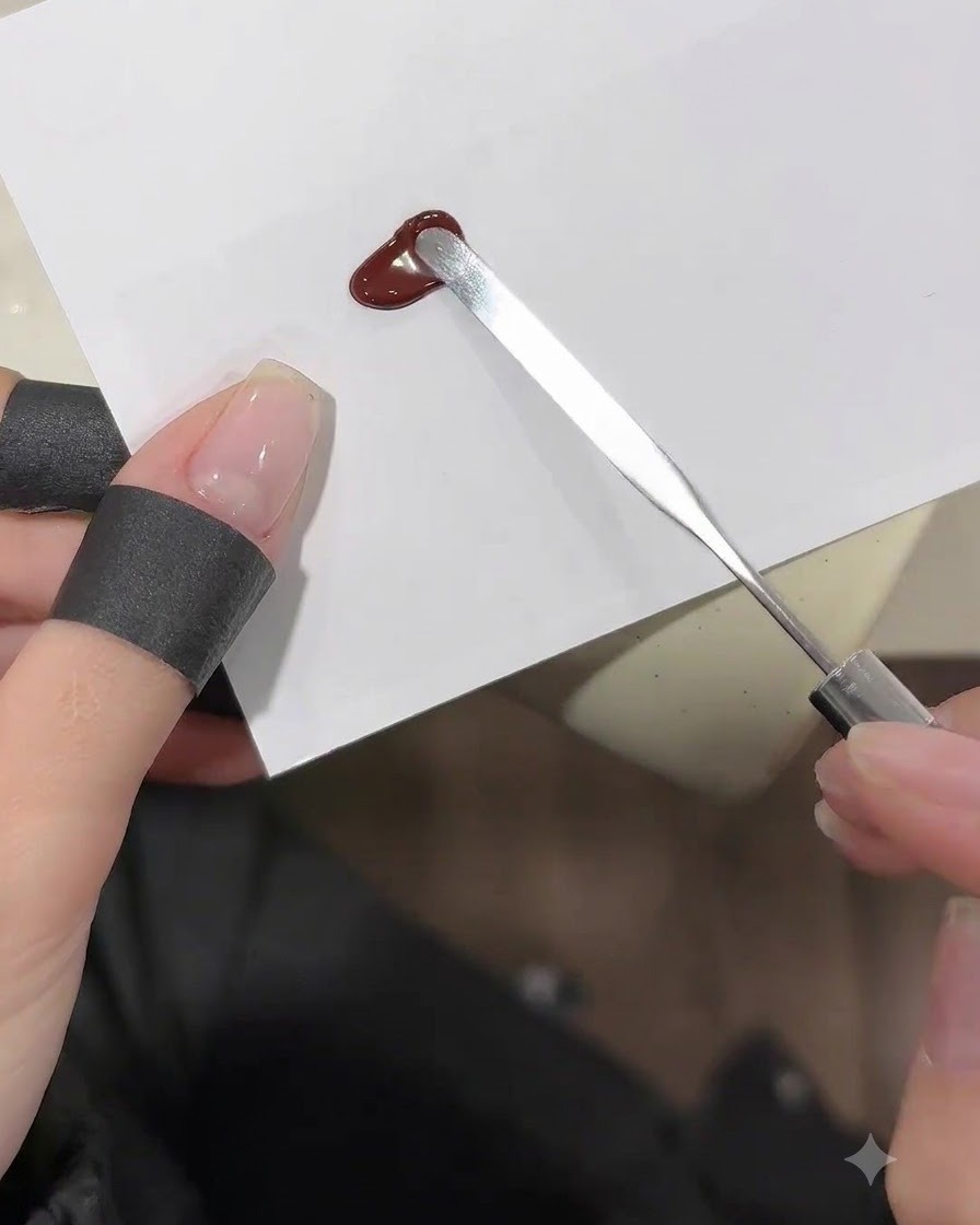 Una espátula de metal alisando una porción de gel rojo vino oscuro sobre una paleta blanca.