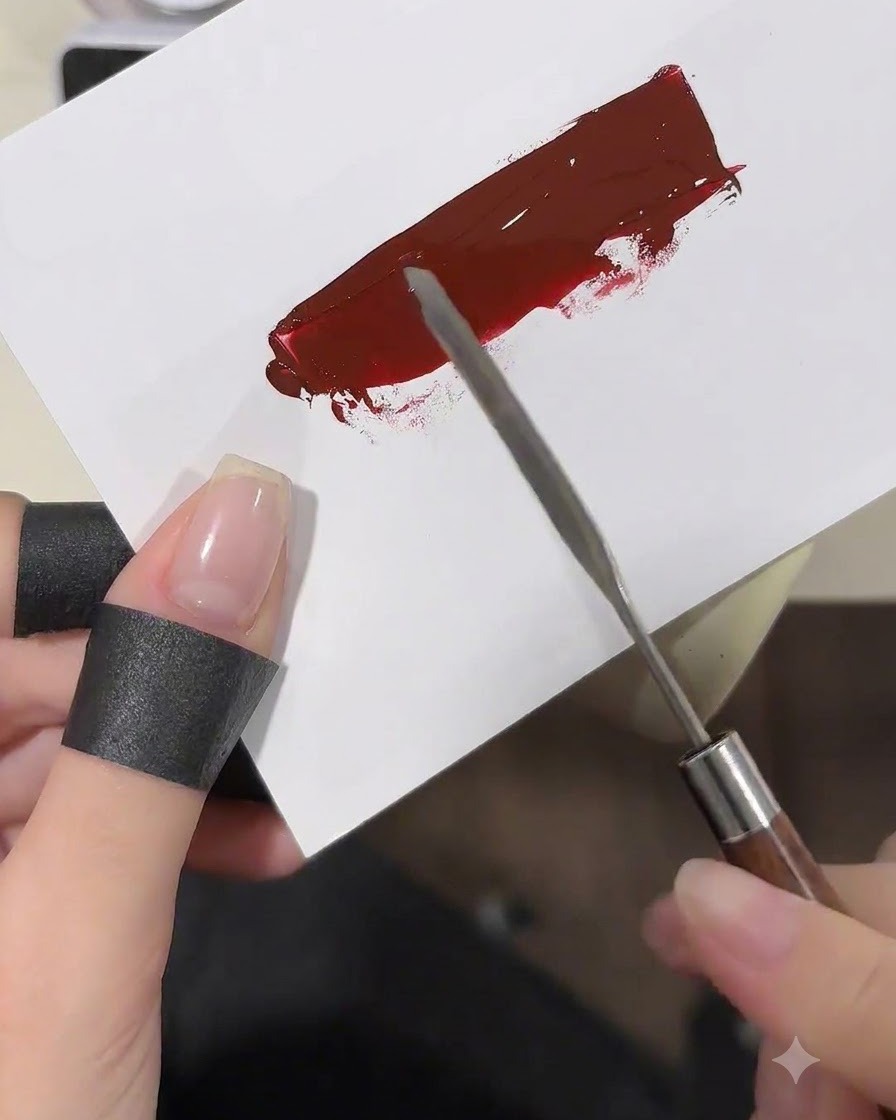 Una esponja de maquillaje dando toques sobre una capa suave de gel rojo vino en una paleta blanca.