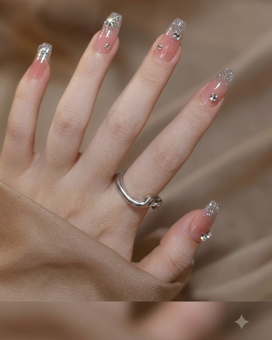 Primer plano de una mano con uñas de gel cuadradas que muestran una base nude translúcida y puntas de purpurina fina plateada.