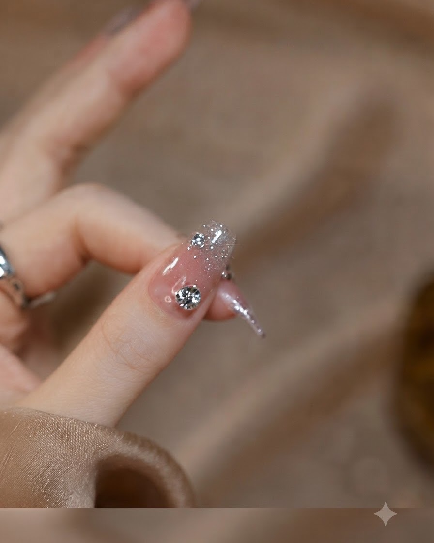 Toma macro de la uña de un pulgar que presenta un gran cristal central acompañado de microcristales sobre una base de purpurina degradada.