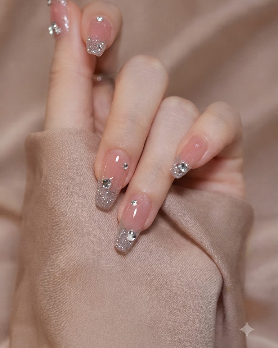Una mano en una postura suave y elegante contra un fondo de tela beige neutro que muestra el diseño detallado de las uñas.