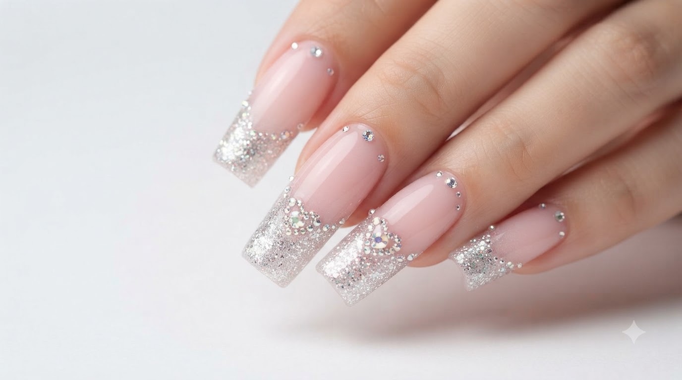 Uñas de Gel Degradadas con Rubor Brillante y Acentos de Pedrería