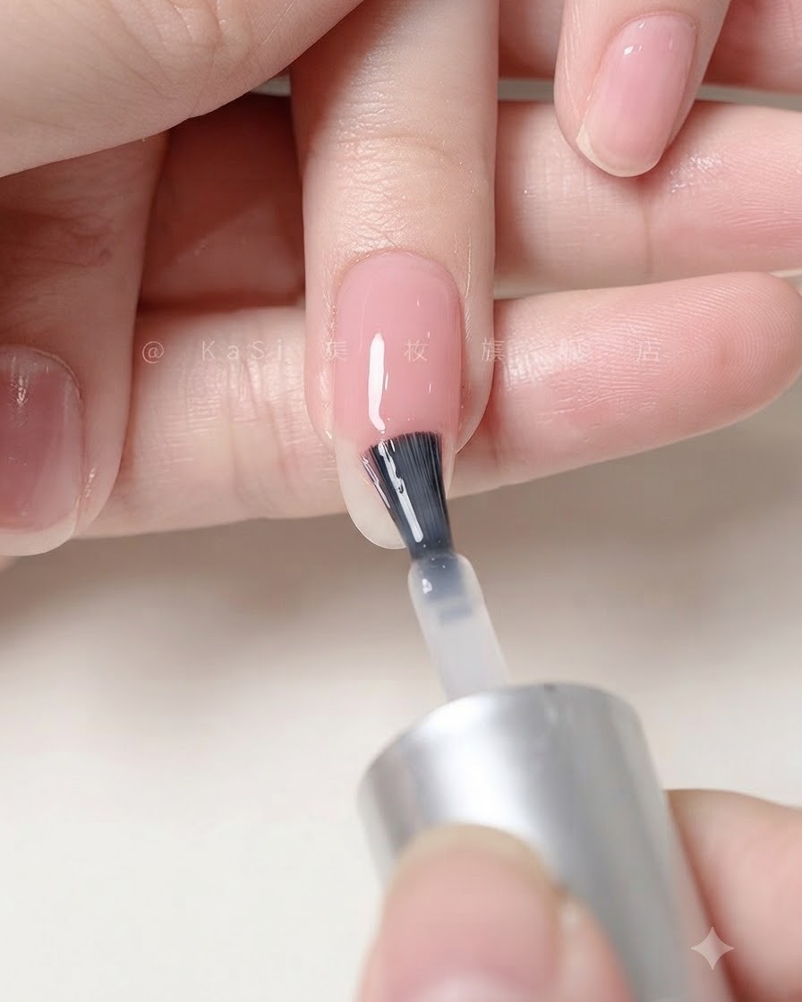 Una mano colocada bajo una lámpara de uñas curando la capa de esmalte superior mate aplicada.