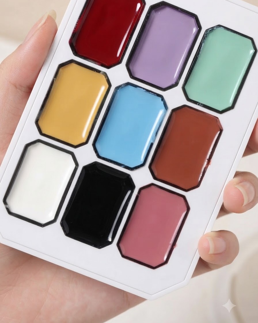 Primer plano de una paleta de pigmentos multicolor con un pincel fino sumergiéndose en los bloques de color.