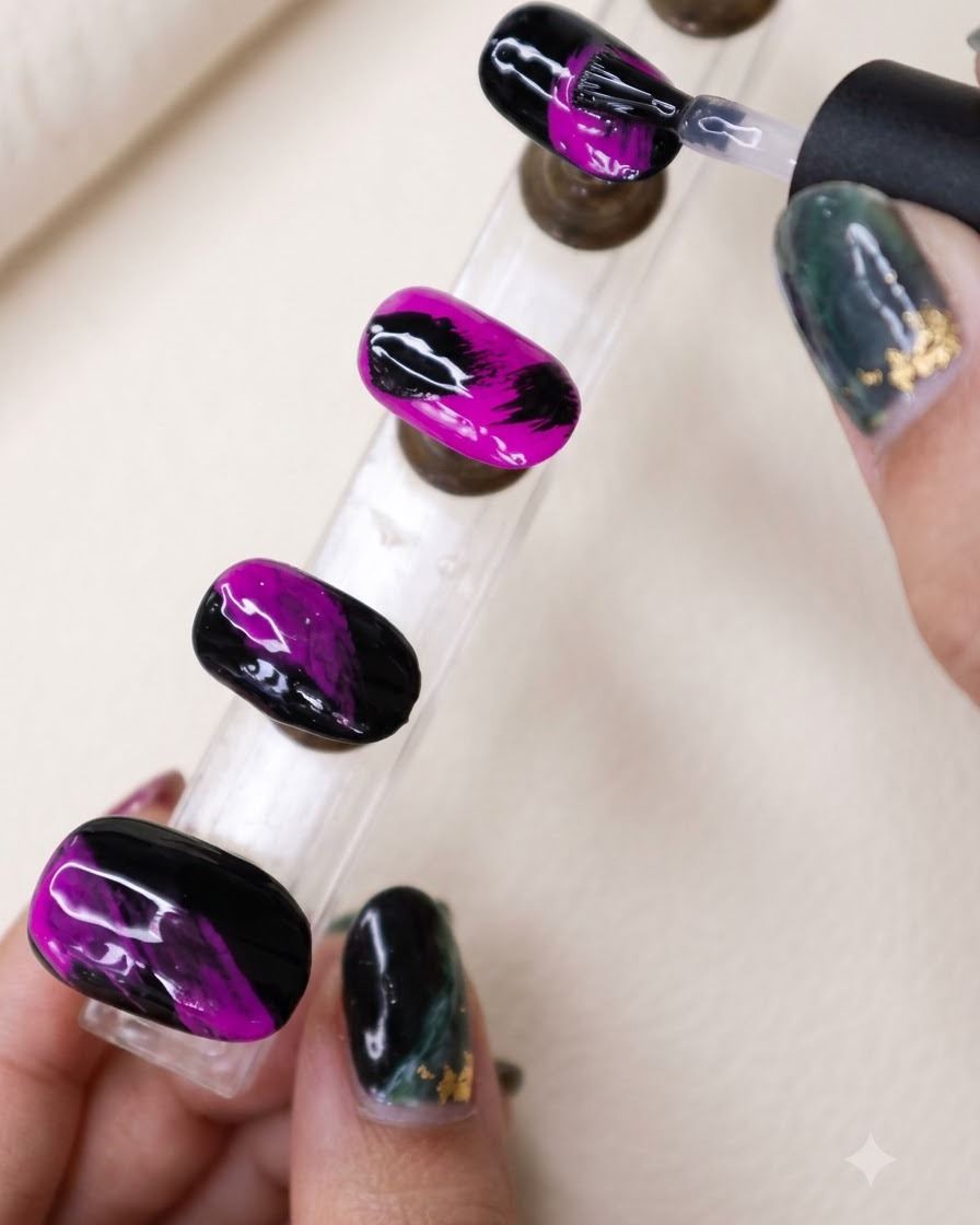 Uñas curándose bajo una lámpara UV o LED con un conjunto terminado de uñas texturizadas en negro y morado cerca.