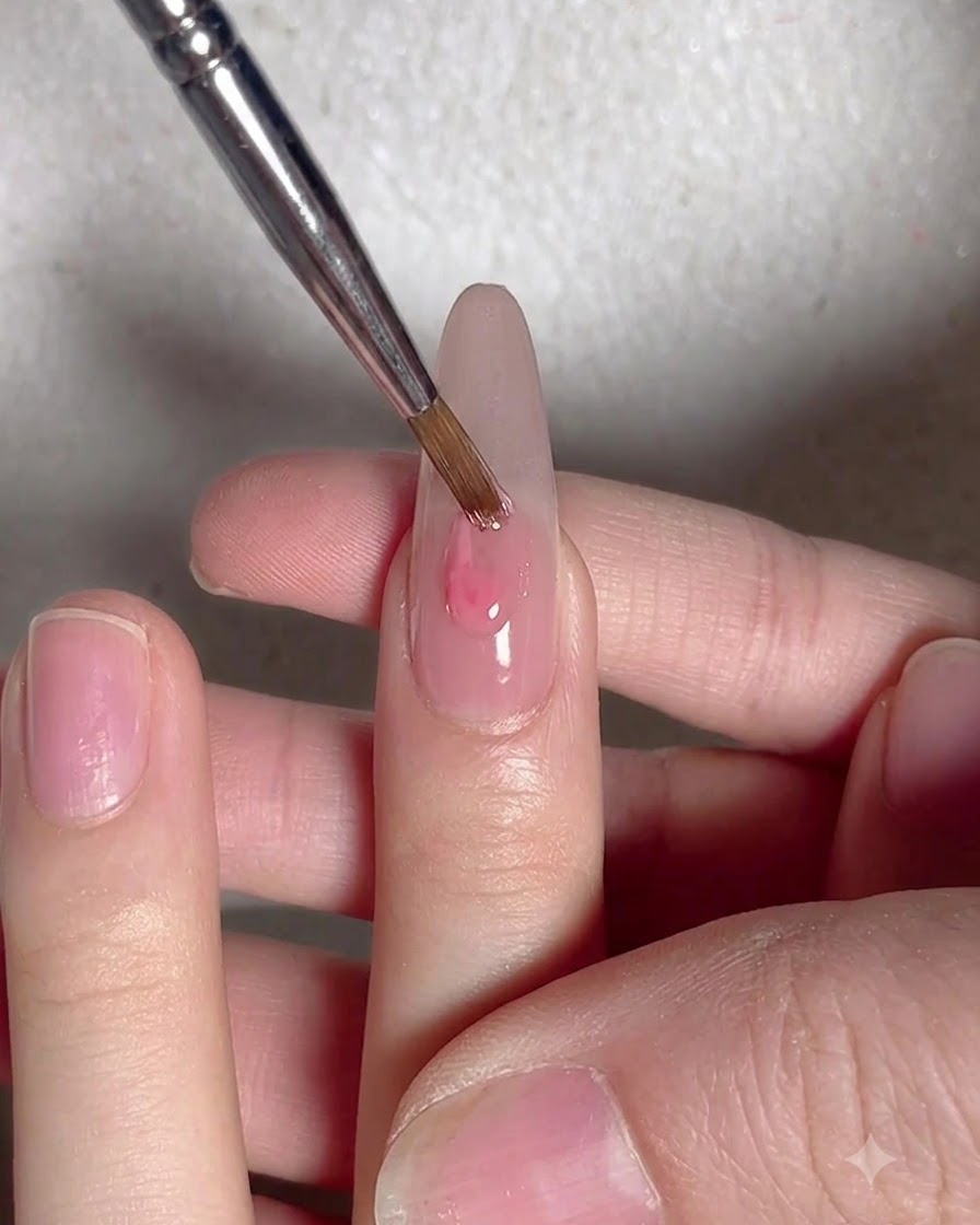 Un pincel de detalle fino aplicando una gota de esmalte de gel rosa en el centro de la uña.